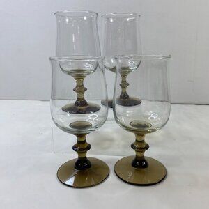 Libbey Mid Century Tulip Brown Stemmed Glasses Goblets Water Wine Set 4 Vintage